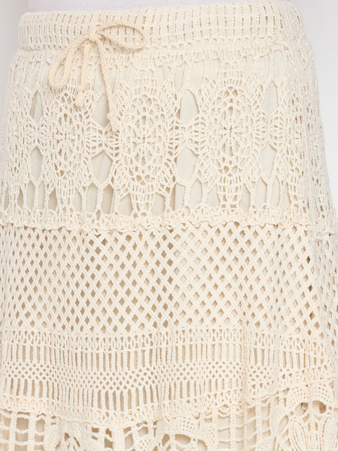 Madame Cotton Crochet Lace Tiered Beige Maxi Skirt