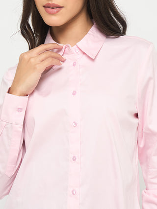 Madame Buttoned Front Solid Cotton Blend Baby Pink Shirt