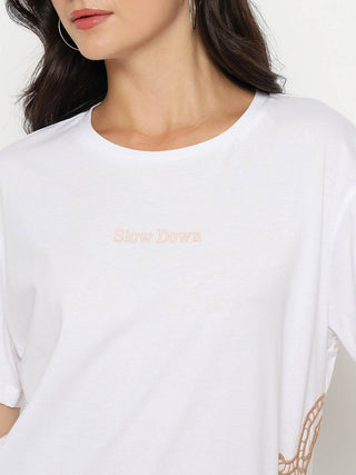 Madame Embroidered Half Sleeve White Cotton T-shirt