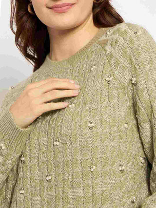 Madame Cable Knit Pearl Embellished Green Sweater