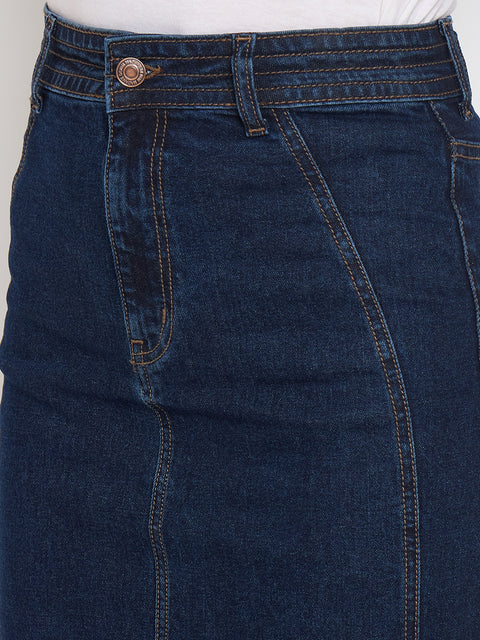Madame Seam Detailed Dark Blue Denim Midi Skirt