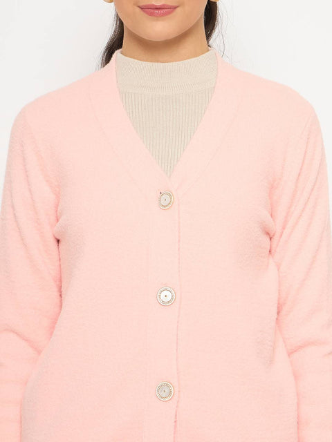 Madame V Neck Solid Peach Cardigan
