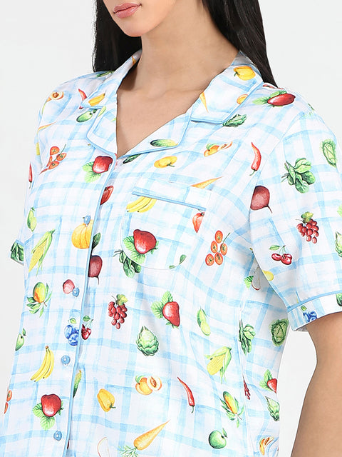 mSECRET Graphic Print Chequered Top and Bottoms Blue Nightsuit