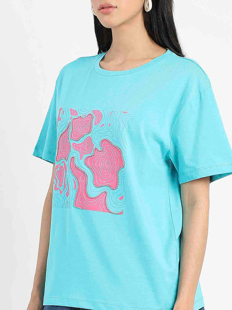 Madame Graphic Print Embellished Aqua Blue Sinker T-Shirt
