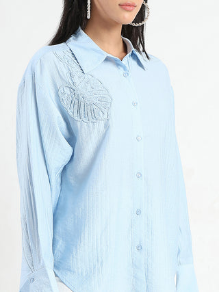 Madame Botanical Embroidery Blue Rayon Blend Shirt