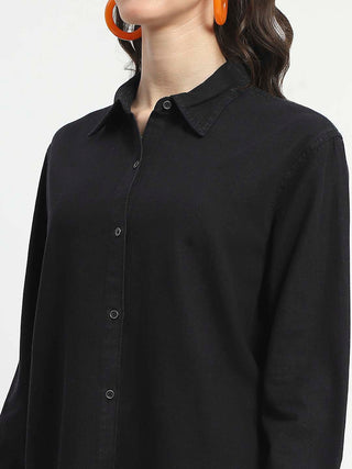 Madame Grey Wash Solid Black Button Down Denim Shirt