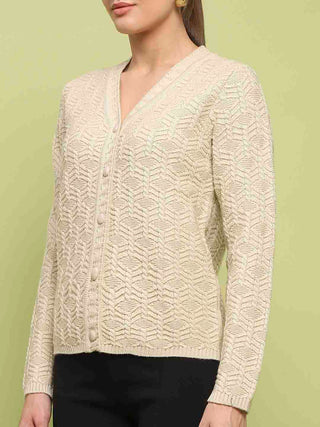 Madame Cable Knit V Neck Beige Cardigan