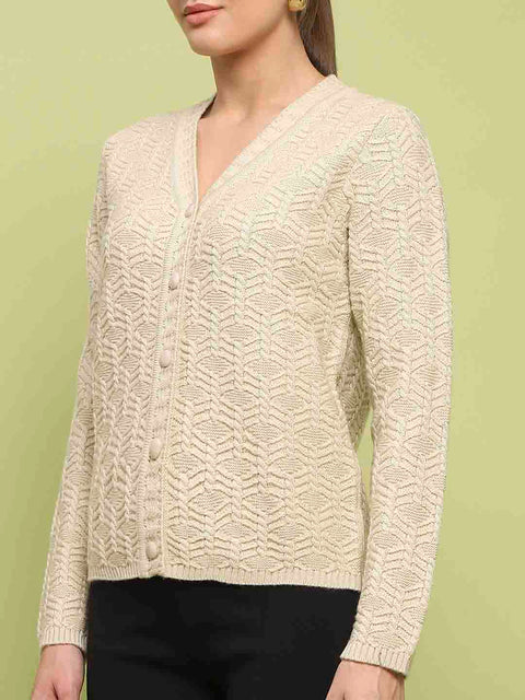 Madame Cable Knit V Neck Beige Cardigan