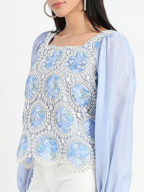 Madame Printed Powder Blue Tencel Blend Crochet Top