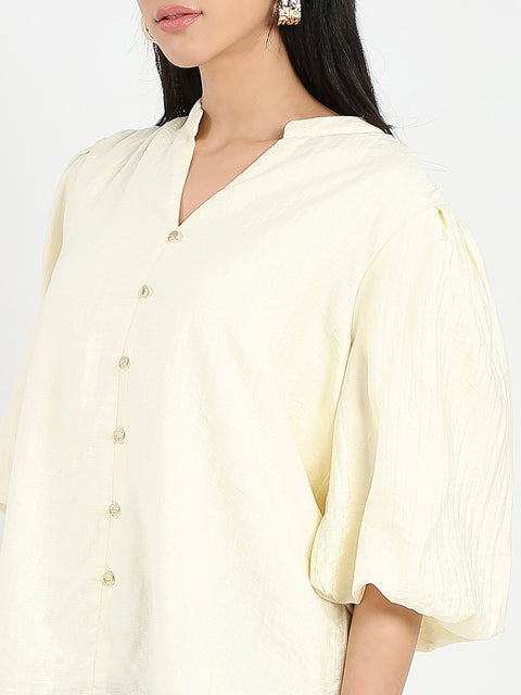 Madame Textured Ruffle Neck Rayon Blend Off White Top