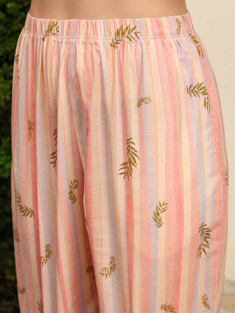 mSECRET Rayon Striped and Bottom Peach Night Suit