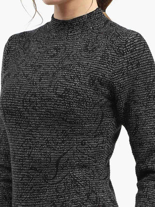 Madame Black Textured Bodycon Dress with Long Sleeves Sweater