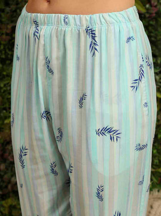 mSECRET Rayon Striped Top and Bottom Aqua Blue Night Suit
