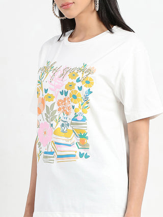Madame Embroidered and Printed White Cotton T-shirt