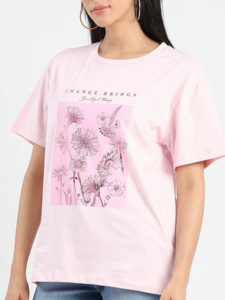 Madame Graphic Foil Print Handwork Detail Pink Cotton T-shirt