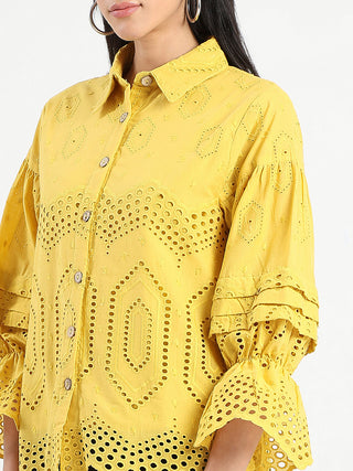 Madame Schiffli Mustard Yellow Cotton Shirt