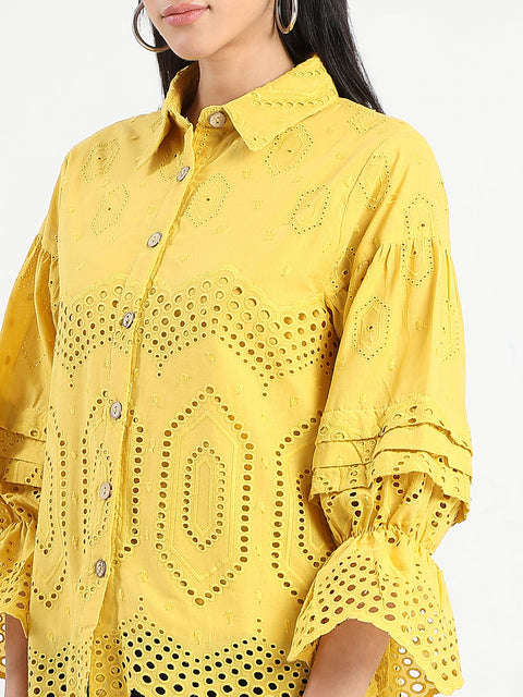 Madame Schiffli Mustard Yellow Cotton Shirt