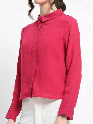 Madame Embellished Button Down Solid Hot Pink Shirt