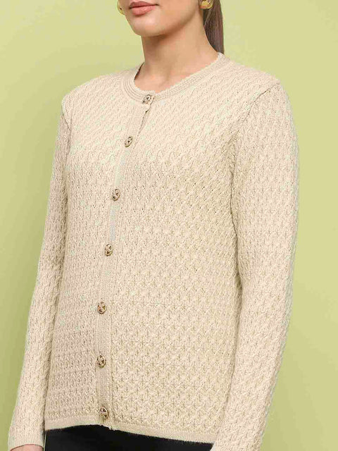 Madame Glossy Buttoned Cable Knit Beige Cardigan