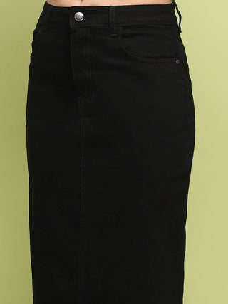 Madame Black Whiskered Cotton Midi Denim Skirt