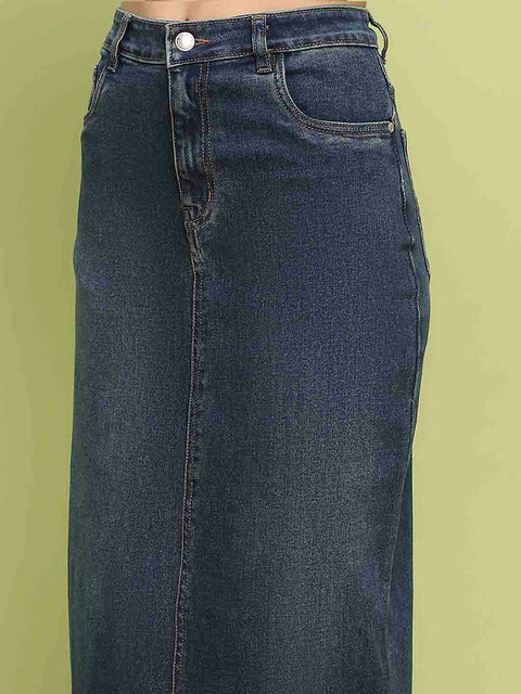 Madame Dark Blue Whiskered Cotton Midi Denim Skirt