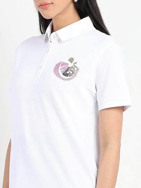 Madame Graphic Print Adorned Cotton Blend White Polo T-shirt