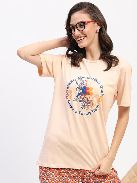 mSECRET Peach Mickey Mouse Graphic Tee and Geometric Print Cotton Nightsuit Set