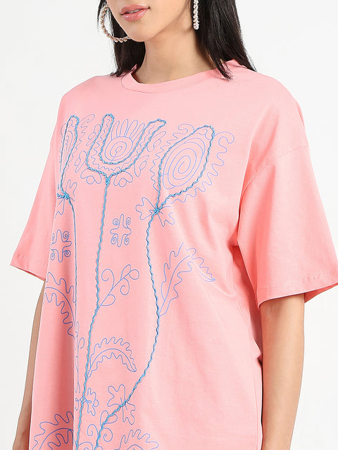 Madame Floral Print Oversize Fit  Peach Cotton T-shirt