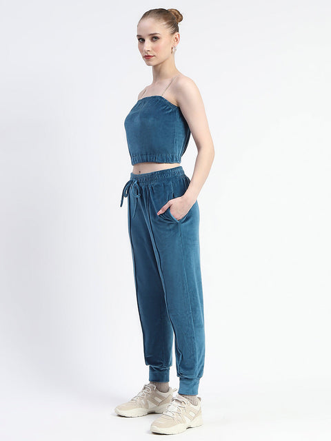 Madame Teal Zipped Sweatshirt With Tube Top And Elasticated Bottoms
