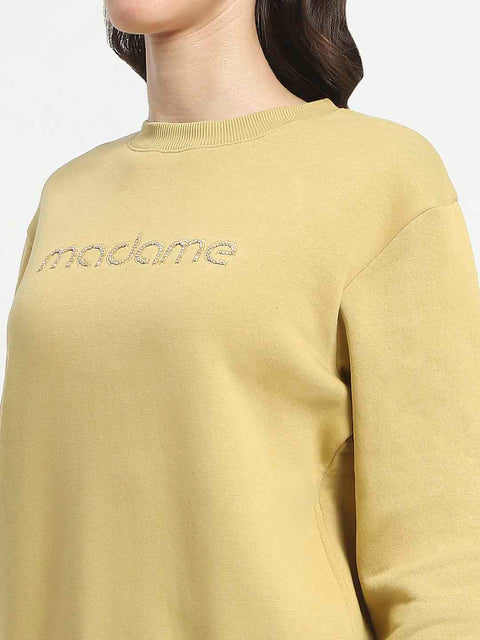 Madame Fleece Handwork And Embroidered Golden Yellow Sweatshirt For Women
