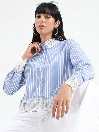 Madame Lace Detailed Cotton Blend Striped Blue Shirt