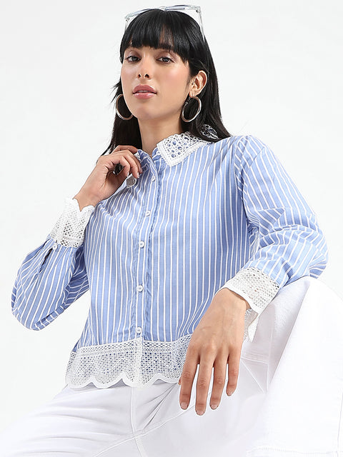 Madame Lace Detailed Cotton Blend Striped Blue Shirt