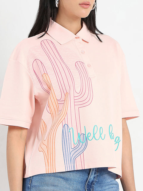 Madame Graphic Print Cotton Blend Peach Polo T-shirt