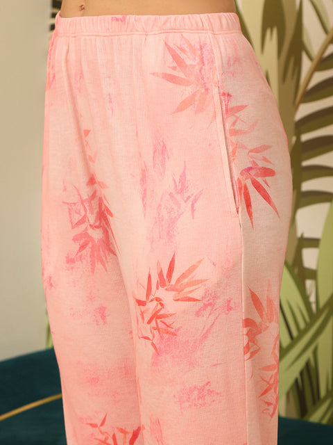 mSECRET Graphic Print Top and Straight Bottom Coral Nightsuit