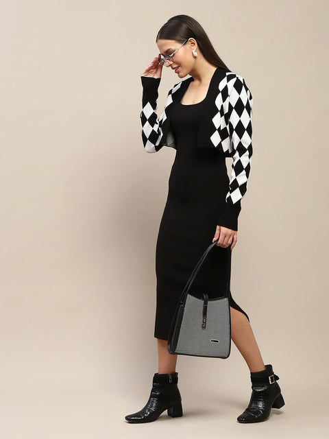 Madame Geometric Print Shrug and Solid Dress Black Ensemble
