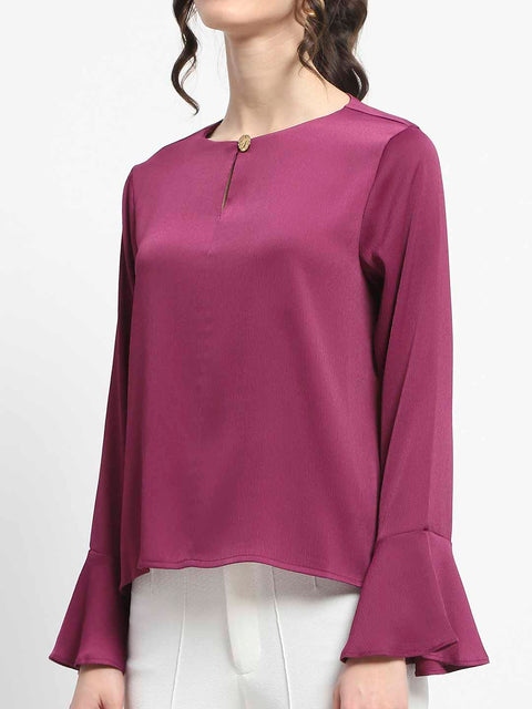 Madame Solid Plum Ruffle Sleeve Satin Top