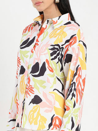 Madame Abstract Print Buttoned Off White Linen Shirt