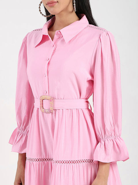 Madame Tiered Pink Rayon Blend Fit and Flare Mini Dress