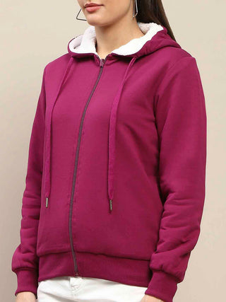 Madame Fur Hood Metal Detailed Plum Zipped Sweatshirt