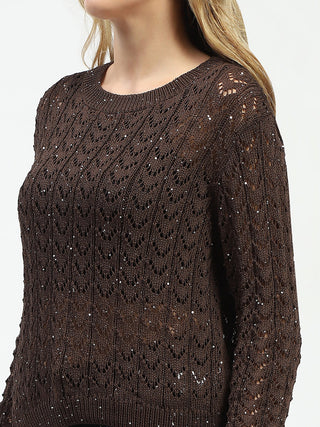 Madame Shimmer Detailed Crochet Crew Neck Knitted Coffee Brown Top