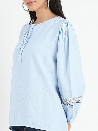 Madame Tie Neck Powder Blue Rayon Blend Top