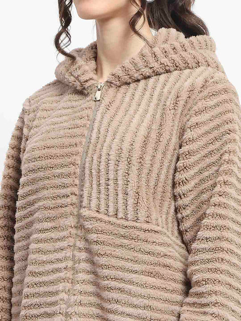 Madame Faux Fur Self Design Brown Sweatshirt