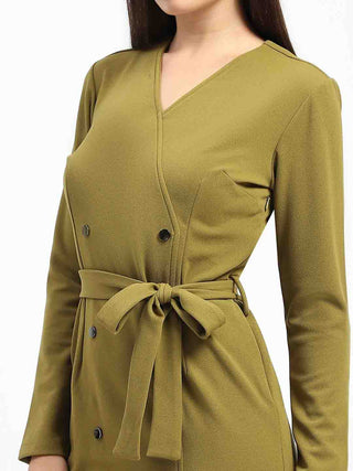 Madame Belted Buttoned Green Dress