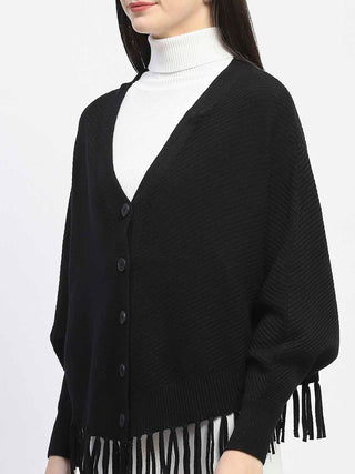 Madame Fringe Detailed Buttoned Solid Black Sweater