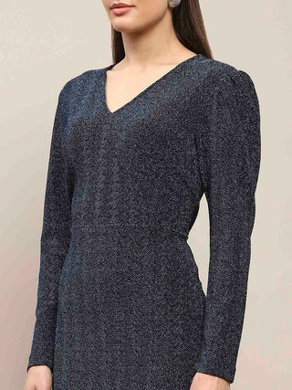 Madame Overlapping Detailed Navy Blue Knitted Midi Dress