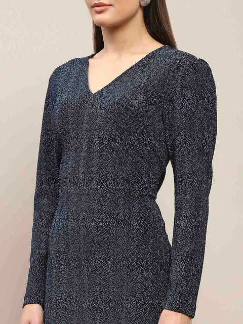 Madame Overlapping Detailed Navy Blue Knitted Midi Dress