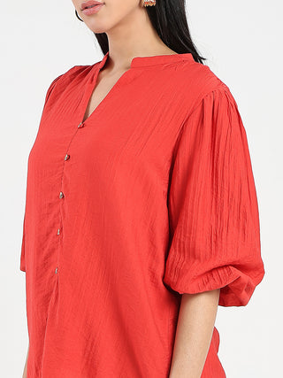 Madame Textured Ruffle Neck Rayon Blend Red Top