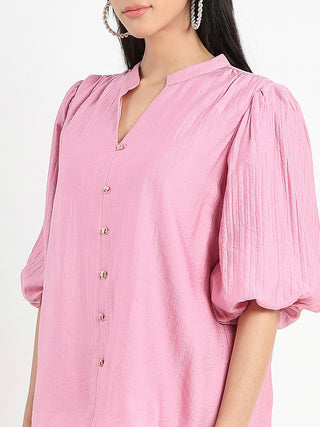 Madame Textured Ruffle Neck Rayon Blend Pink Top