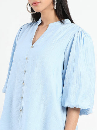 Madame Textured Ruffle Neck Rayon Blend Blue Top
