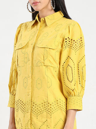 Madame Schiffli Mustard Yellow Midi Shirt Dress